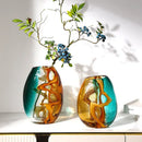 Abstract ripple amber & teal glass vase living room decor