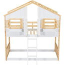Twin over Twin House Bunk Bed with Roof, Window, Window Box, Door, with Safety Guardrails and Ladder, Natural/White
