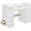 Twin Size Loft Bed with Desk, Wardrobes, 4 Drawers and 4 Shelves-White