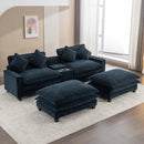 Contemporary Chenille Upholstered Sectional Sofa with Ottomans, USB Ports, Cup Holders & Storage, Blue