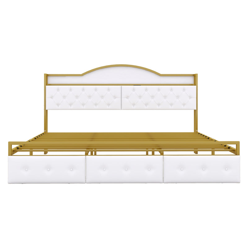 Metal Platform Bed With 3 drawers, Storage Headboard, King, Gold