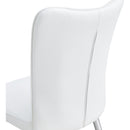 Table and chair set.63'x31.5x30' Luxurious Pandora patterned Sintered Stone Tabletop with Silver Stainless Steel Legs.Paried With 4 White PU Chairs with a vertical stripe design on the backrest.