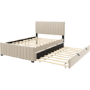 Full Size Velvet Upholstered Platform Bed with Twin Size Trundle, Beige