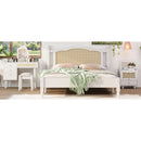 3 Pieces Bedroom Set with Queen Size Wooden Bed Frame, 1 Vintage  Nightstand and 1 Makeup Vanity Set with Stool,White