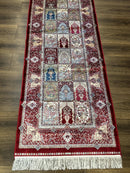 Turkish Silk Runner Rug 2.6 x 11.6, Panel Design, Dark Red Ivory, Bamboo Silk, New