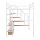 Full Size Metal Loft Bed with Staircase,Low Storage Table and Storage Shelves,White