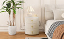 Upholstered Nightstand with 3 Drawers, Round Bedside Table with Metal Handles,Marbling Stickers Top Night Table for Bedroom, Fully Assembled Except Handles, Beige
