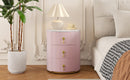 Upholstered Nightstand with 3 Drawers, Round Bedside Table with Metal Handles,Marbling Stickers Top Night Table for Bedroom, Fully Assembled Except Handles, Pink