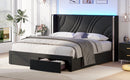 Full Size Modern Upholstered LED Bed Frame with Storage Drawers, Velvet Platform Bed with Wingback Headboard, RGB Light, Wooden Slats Support, No Box Spring Needed, Black