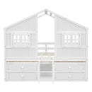 Full Size House Loft Bed with Roof, Windows,4 Storage Drawers,Pine Wooden Bed with Safety Guardrails,Ladder,White