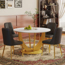 Table and chair set.Luxurious Snow Mountain White Slab Round Dining Table Set - 47'x47' with 4 Black PU Chairs with Simple Line Designs On The Backrest .Golden Metal Legs.