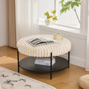 Modern Upholstered Round Ottoman Coffee Table with Storage Shelf and Black Metal Legs, Beige Faux Fur