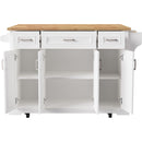 K&K 54inch Large Kitchen Island with Rubber Wood Drop Leaf, Embossed Texture Rolling Kitchen Cart on 4 Wheels with 4 Doors and 3 Drawers, Kitchen Island with Storage for Kitchen, Dining Room,White