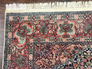 Silk Indian Kashmiri Rug 4x6, Tree of Life Pattern, Birds, Fine 290 KPSI, Navy Blue and Red, Handmade Oriental Carpet