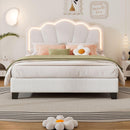 Full Size Upholstered Flower-Shape Bed, Elegant Flowers Headboard with LED Light Strip, Sherpa Fabric Platform Bed with Wooden Slats Support, White