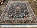 Indo Persian Rug 8x10, Floral Medallion, Vintage Handmade Wool Carpet, Navy Blue and Red, Fine 300 KPSI