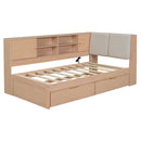 Wooden Twin Size L-shaped Daybed Corner Bed Under-bed Drawers  with Storage Bookcase and Upholstered Headboard and USB Charging Ports for Limited Space,Natural