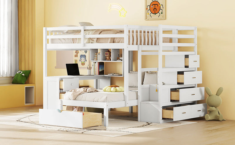 Full Over Twin Bunk Bed with Desk, Drawers and Shelves, White