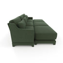 Ergonomic Three-Seater Sofa with Movable Ottomans and Lumbar Pillow in Green Chenille with Wooden Base