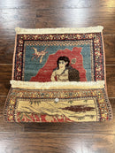Antique Persian Kirman Rug 2 x 2.5, Small Hand Knotted Wool Carpet, Lavar Rug, Shepherd with Ram Pictorial Rug