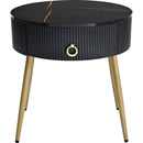 19.6" Easy Assembly End Tables with High Gloss Faux Marble Tabletops, Set of 2, Modern Fluted 2 Side Tables with Drawers, Round Coffee Tables with Golden Legs for Living Room, Black