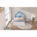 Full Size House-Shaped Bed with Bookcase Headboard and Led Light and Twin Size Trundle for Kids Boys Girls, Blue+ White