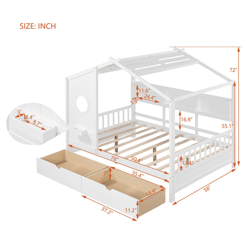 Wooden Full Size House Bed with 2 Drawers,Kids Bed with Storage Shelf, White