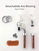 Adjustable shower head with chrome accents and filter beads bathroom