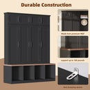 [Assembly Video Provided] Farmhouse Hall Tree with 4 Hidden Hanging Hooks, Versatile Walnut Seating Bench with 8 Doors, Entryway Shoe Cabinet with Open Compartments for Living Room, Black