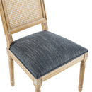 Vintage Inspired French Country Dining Chairs Set of 4 - Elegant Cane Backrest & Upholstered Seats - Rustic Weathered Finish - Solid Rubberwood Frame - Blue Gray