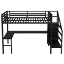 Queen Size Loft Bed with L-shaped Desk and USB, Metal Loft Bed with Wardrobe and Adjustable Shelf, High Loft Bed with LED for Kids Teens Adults, Black