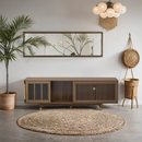 Mid-Century Modern style 2 in 1 PET FRIENDLY Walnut TV STAND Cat house With Sliding glass door flip-down