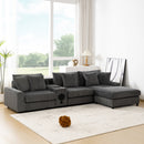 Modular Corduroy Sectional Sofa with Bluetooth Speakers, USB Charger, Cup Holders, Storage, and Ottoman in Dark Gray