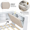 White Wooden Full Size L-shaped Daybed with Storage Bookcase, Upholstered Headboard, USB Charging Ports