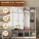 [Assembly Video Provided] Farmhouse Hall Tree with 4 Hidden Hanging Hooks, Versatile Walnut Seating Bench with 8 Doors, Entryway Shoe Cabinet with Open Compartments for Living Room, White