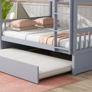 Full Over Full Rubber Wood Bunk Bed with Trundle, Ladder and Guardrails, Convertible to 2 Full Size Beds, with Twin Size Trundle,Light Grey