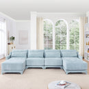 Elegant Four-Seater Sofa with Movable Ottoman and Lumbar Pillow in Sky Blue Chenille with Solid Wood Frame