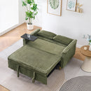 The pull-out and push-in green corduroy sofa with dual functions, equipped with a movable tabletop and USB ports, is suitable for use in living rooms and bedrooms.