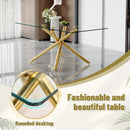 Table and chair set.Modern Luxurious Transparent Tempered Glass Dining Table Set with 8 Chairs.Single Fork Golden Metal Table Legs.Black high-quality PU dining chairs with golden metal legs.