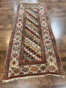 Caucasian Kazak Runner Rug 3.6 x 8, Wool Hand Knotted Antique 1880s Carpet, Ivory & Multicolor Stripes Oriental Runner Rug, Hallway Rug