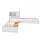 L-Shaped Combination Twin Bed with Trundle and Drawer,3-in-1 Low Corner Platform Bed Linked with Built-in Desk and Led Downlight, White