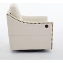 cream white fabric swivel rotating accent chair with USB and magazine book for living room and hotel bed room