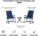 Three Piece Outdoor Patio Furniture Set With Glass Coffee Table And Two Folding Padded Rocking Chairs Navy Blue