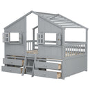 Full Size House Loft Bed with Roof, Windows,4 Storage Drawers,Pine Wooden Bed with Safety Guardrails,Ladder,Grey