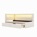 Upholstered Twin Size Platform Bed with USB Ports and LED Belt, With 2 Drawers, White