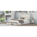 Full Size Wood Platform Bed with Upholstered Headboard and 2 Drawers, White