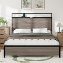 Bed frame full size, wooden platform bed frame with storage LED light headboard and 2 USB, no noise, no spring mattress required and simple assembly tools, large underbed storage, brown