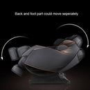 Massage chair with text indicating back and foot part movement on a dark background