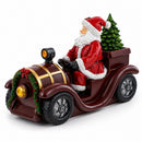 Santa Driving Classic Car with LED Lights Figurine 10.5 Inches Long