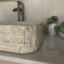 Rectangle Tan Travertine Vessel Bathroom Sink - Handcrafted Natural Stone Above Counter Vanity Basin